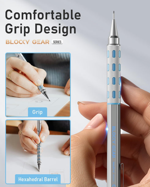 Nicpro 3 Pack Blocky Gear 0.7 mm Metal Mechanical Pencils Set with Case, 8 Tube Lead Refills, 4 Erasers for Art Writing