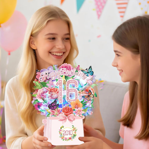 OLOSONG 16th 16 10 Inch 3D 2010 Sweet Birthday Cards, Light and Music Years Old Happy Birthday Card, Rose Lily Orchid