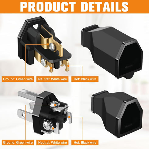 Treela 5 Sets Extension Cord Plug Replacement - 125V 15A 2 Pole 3 Wire Male Plug and Female Connector Replacement