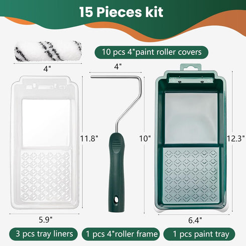 Paint Roller Kit, 15 Pcs 4 Inch Small Paint Roller, Tray, Liners, and Frame for Home Improvement Supplies