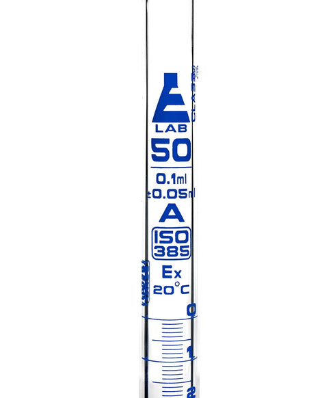 EISCO Burette, 50ml - Class A, ±0.05ml Accuracy, Borosilicate Glass with Straight Bore PTFE Stopcock and 0.1ml Blue