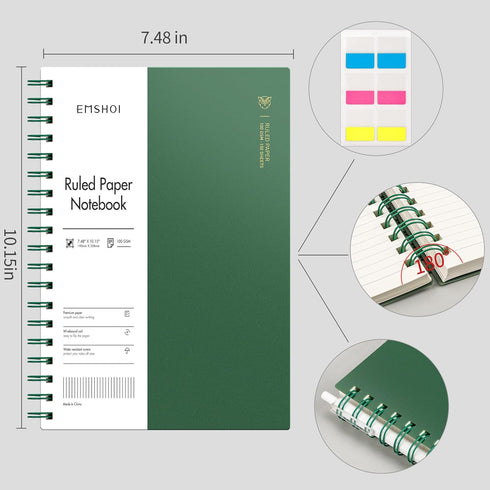 EMSHOI B5 Spiral Notebook College Ruled Lined Journal, Large 7.48" X 10.15", 300 Pages/150 Sheets, 100gsm Thick Paper, Waterproof Hardcover, for Office School Women Men Work Writing Notes, Green by EMSHOI