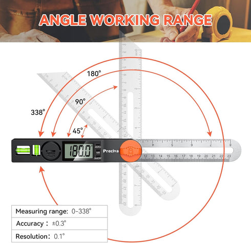 Preciva T-Bevel Gauge & Protractor, 0-338 Digital Angle Finder Protractor for Carpentry, Woodworking, Metalworking