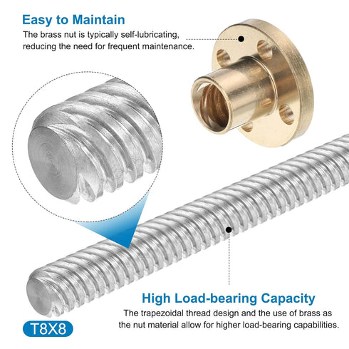 uxcell 2 Pcs 100mm / 4 Inch Tr8x8 Stainless Steel Lead Screw with T8 Brass Nut for 3D Printer Z Axis, CNC