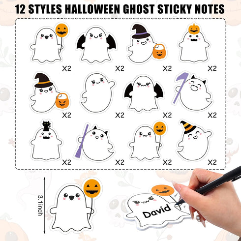 Whaline 24 Packs Halloween Sticky Notes, Cute Boo Ghost Notepads, 12 Designs Trick or Treat Memo Pads