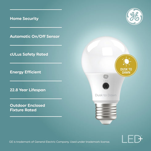 GE LED+ A19 Dusk to Dawn LED Light Bulb, Automatic On/Off Outdoor Security Light, Daylight (2 Pack) by GE Lighting