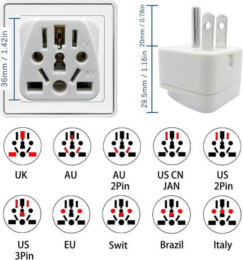 US Plug Adapter for USA, EU, UK, Australia, JP, Asia, Italy, Swiss - Convert Round to Flat Pin to USA Type B 3-Prong Male Plug Wall Outlet Power Charger Converter 2Pack