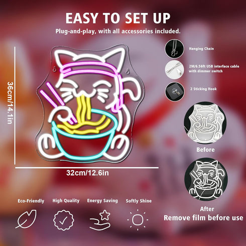 Fortune Cat Ramen Neon Signs for Wall Decor Japanese Cat LED Neon Light USB Powered Light Up Signs for Japanese Culture
