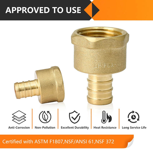 10-Pack PEX Fittings, 1/2" PEX x 1/2" Female NPT, Brass Crimp Fitting for PEX Pipes, ASTM F1807