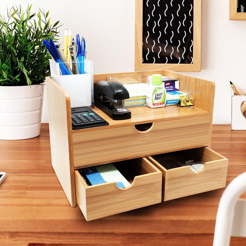 Sorbus Bamboo Desk Organizer - 3-Tier 100% Bamboo Desktop Organizers with 3 Drawers & Shelf