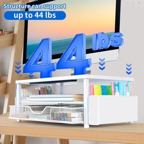 2-Tier AUPSEN White Monitor Stand Riser, Wood Computer Desk Organizer with Drawer, Pen Storage & Phone Holder, Office