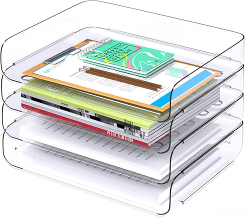 Tomorotec Desk Letter Tray Set, A4 Size Clear PET Stackable Document Organizer, Office Desktop File Paper Holder, Side