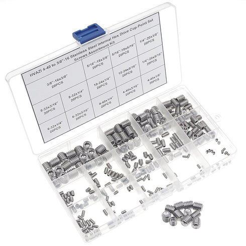 4-40 to 3/8"-16 Stainless Steel Internal Hex Drive Cup-Point Set Screws Assortment Kit