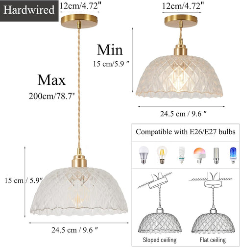 YJQHXY E26 6.56 Modern Textured Glass Pendant Light, Brass Hardwired Ceiling Hanging Light with FT Cord, Clear Dome