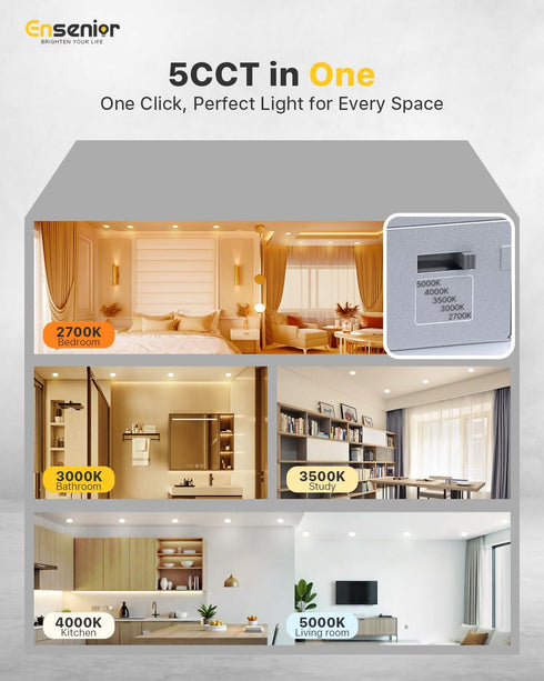 1 Pack 4 Inch Dimmable, 2700K-5000K 5CCT, 750LM 9W 120V, Ensenior LED Recessed Light, High Brightness, Damp Rated