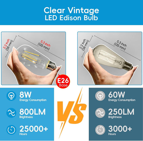 Edison LED Light Bulbs, 8Watt Dimmable, 5000K Daylight White, E26 LED Bulb 60watt Equivalent, 800lm, 6 Packs