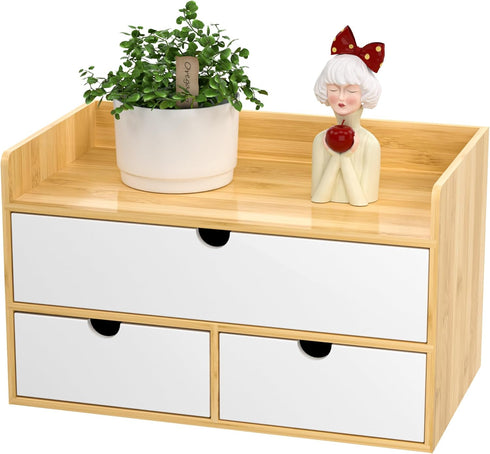 Desk Organizer with Drawers, Bamboo Desktop Storage for Bills, Office Supplies, Cosmetics, No Assembly Required