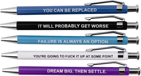Demotivational Pens- Funny pens, office gag gift, funny snarky gift for corworkers and friends, set of ballpoint pens with funny sayings, offensive pens by Offensive Crayons