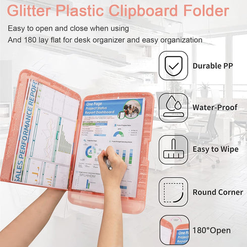 Glitter Clipboard with Storage, A4 Binder Clip Boards, 8.5x11 with Low Profile Clip, Sparkle Clipboards for Office