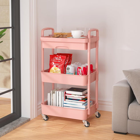 Calmootey 3-Tier Rolling Utility Cart with Drawer, Multifunctional Storage Organizer with Plastic Shelf & Metal Wheel,