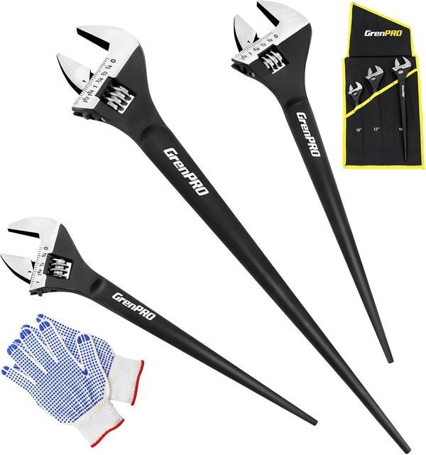GRENPRO 4-Piece Adjustable Spud Wrench Set with Gloves, 10" 12" 16" Large