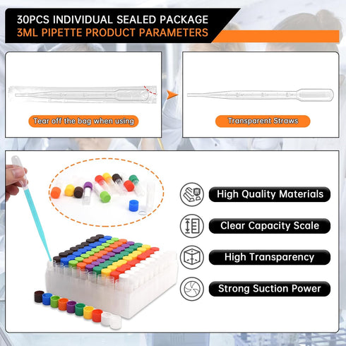 100pcs 2ml Vials with Caps, Plastic Cryogenic Test Tubes with 30pcs 3ML Dropper Pipette
