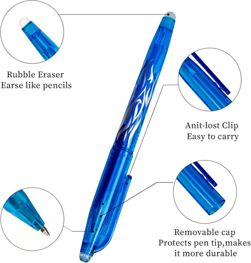 RIANCY Erasable Gel Pens, Blue Pen 0.5mm Fine Point, Pack of 4 Blue Pens + 8 Refills for Smooth Writing