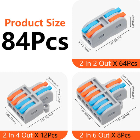 84Pcs Electrical Connector Assortment Pack, 2 in 2 Out Quick Compact for AWG24-12 Lever Wire Connectors
