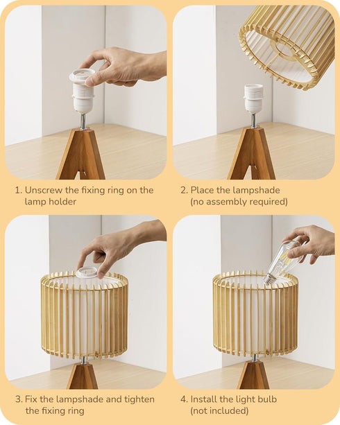 14.17" E26 EDISHINE Small Table Lamp, Wood Tripod Bedside Lamp, Natural Wood-Colored Hollow & White PVC Shade, Base