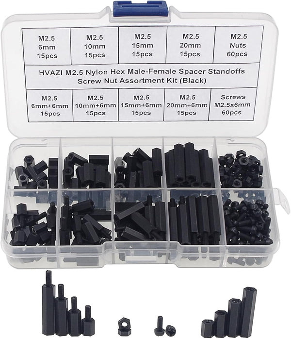 240PCS M2.5 Nylon Hex Spacer Standoffs Screws Nuts Assortment Kit, Male-Female (Black)