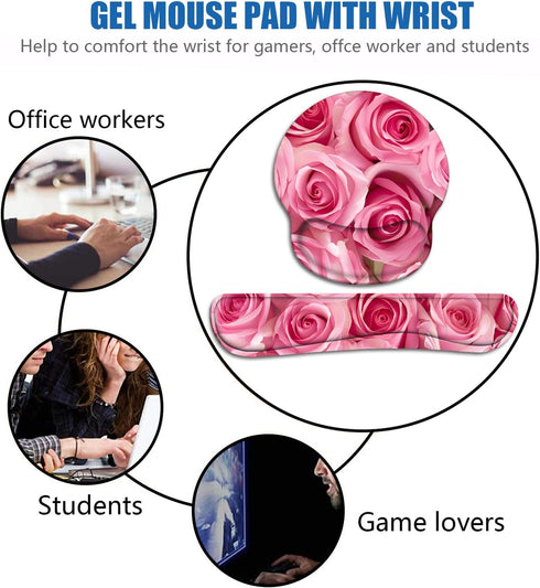 Keyboard Wrist Rest and Mouse Pad Wrist Support Set with Coasters, Non-Slip PU Base Ergonomic Gaming Mousepad (Pink