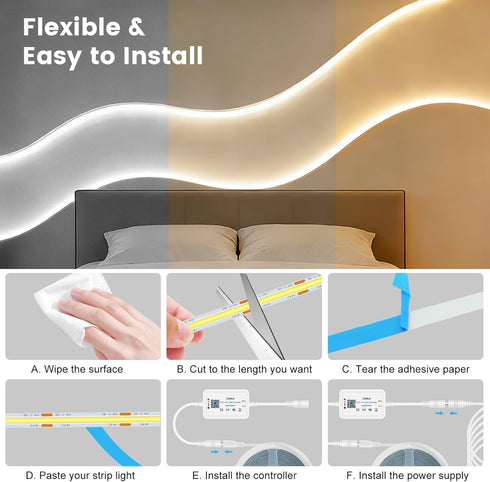 HEGEHE 16.4ft 24V Dimmable 3000K-6000K, COB LED Strip Lights, Tunable White CCT LED Strip, Dotless Tape Light DIY