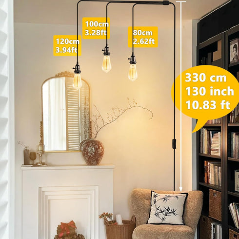 3-Light 21FT E26 DITEDY Plug in Pendant Light Kit, Hanging Lights with Plug in Cord Hanging Lamp Cord with On/Off
