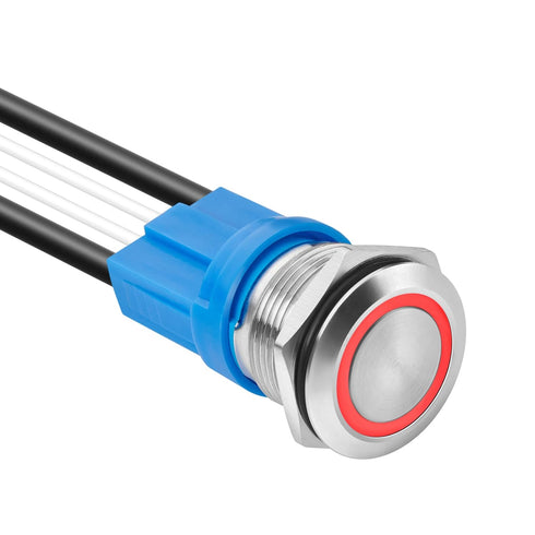 LED Latching Push Button Switch - Stainless Steel, IP67 Waterproof, 5-24V 20A with Wire Socket Plug (1, Red, 19mm)