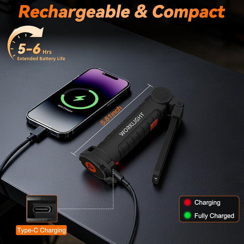 6Pack, 360 5 Magnetic Work Light Rechargeable LED Work Light with Rotation, Mode Mechanic Light, Compact Rechargeable