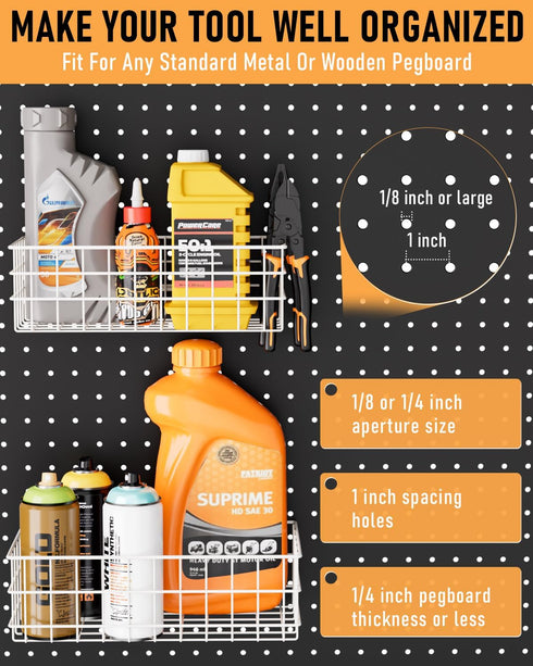 4 Pack Set, 4 INCLY Pegboard Baskets Bins Size Square Style Metal White Wire Basket for Any Peg Board Organizing Tools