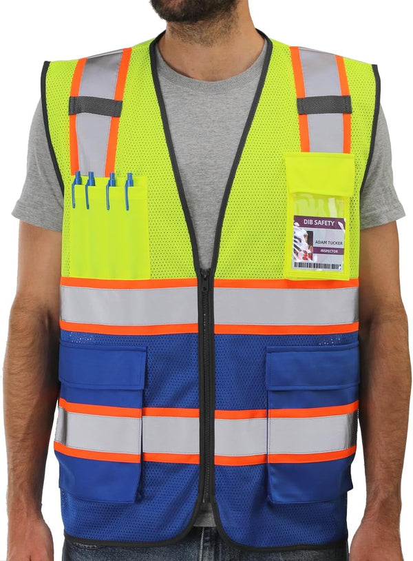 Reflective Mesh Vest High Visibility Two Tone with Pockets and Zipper Yellow and Blue Mesh with Orange Trim M