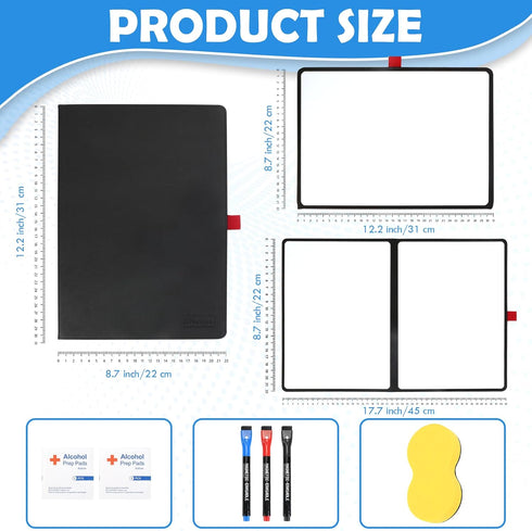 Double-Sided Whiteboard - Portable 12" x 9" Dry Erase Boards with 3 Markers, Eraser, and Red Elastic Pen Tray