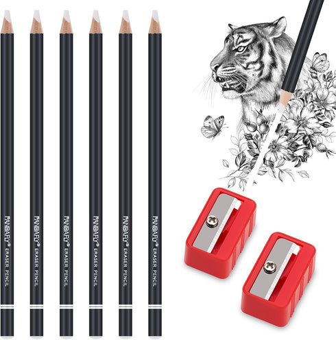 PANDAFLY Eraser Pencil Set - 6pc Eraser Pencils and 2pc Sharpener for Sketching, Charcoal Drawings, Art Supplies