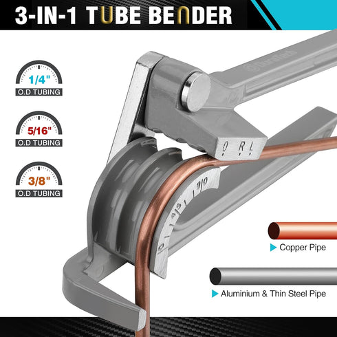DURATECH 3-IN-1 Tube Bender, Pipe Bender for Copper, Brass, Aluminum, and Thin Steel Pipes (1/4", 5/16", 3/8")