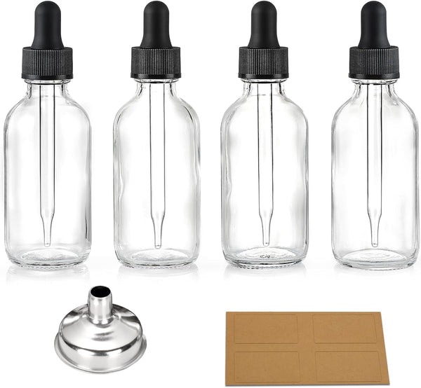 AOZITA 4 Pcs 2 oz Clear Eye Dropper Bottles with 1 Stainless Steel Funnel & 4 Labels - Leakproof Black Caps