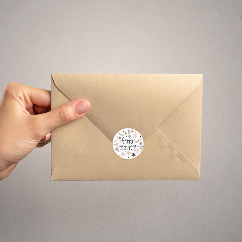 Floral Happy New Year Stickers, 500 New Year's Eve Labels, 1.5" Holiday Card Envelope Seals, Made in The USA
