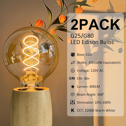 Dimmable Bulbs 60W E26 G25/G80 6W 2200K Bulb, 2 PACK Bulbs Globe LED Vintage Edison Light Equivalent, Base LED Amber