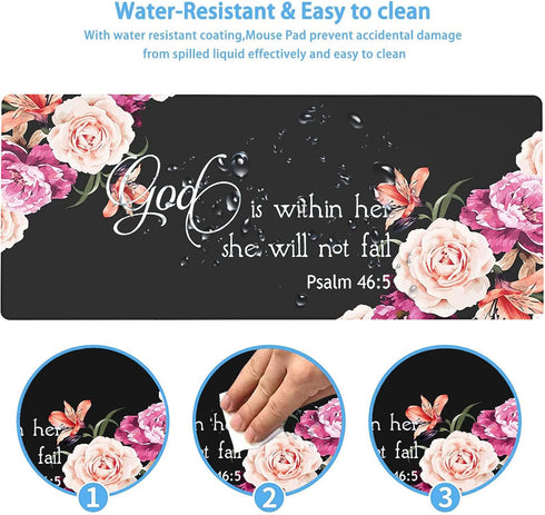 Large Gaming Mouse Pad, Extended Ergonomic Desk Pad, 31.5'' X 11.8', Stitched Edges, Peony Flower Psalm 46:5, Cup