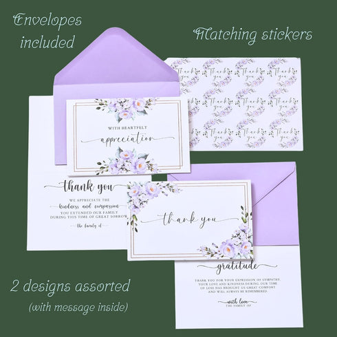 4x6 2 24 Pack Funeral Thank You Cards with Envelopes Messages Inside and Matching Stickers, Sympathy Thank You Cards