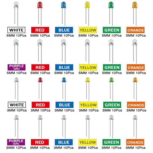 24 5MM 3MM Values Multicolor LED Light Emitting Diodes Kit White Red Blue Yellow Green Orange Purple Transparent Round