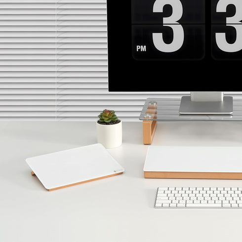 Glass Desk Whiteboard with Reversible Wood Stand, Small Portable Desktop Dry Erase White Board, Reusable Desk Notepad