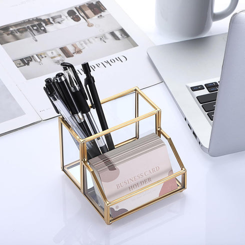 Hipiwe Glass Business Card Holder Stand with Pen/Pencil Organizer, Gold Business Name Cards Display Holder for Home