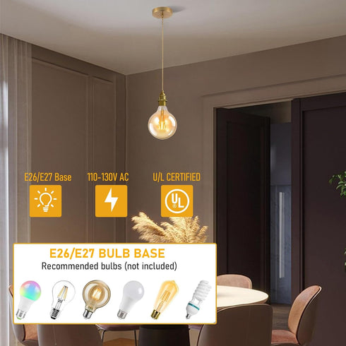 1-Light 4.92ft E26 Bulbs Gold Pendant Light Kit Mini Pendant Lights Cord Adjustable Ceramic Metal Hanging Ceiling