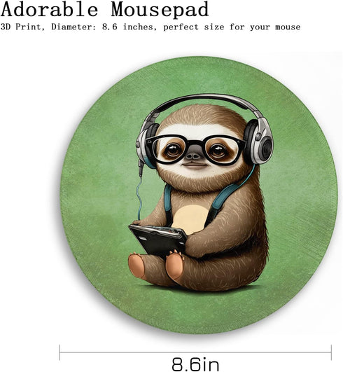 Funny Green Round Mouse Pad, Cute Sloth Computer Mousepad with Stitched Edge, Office Supplies Gift